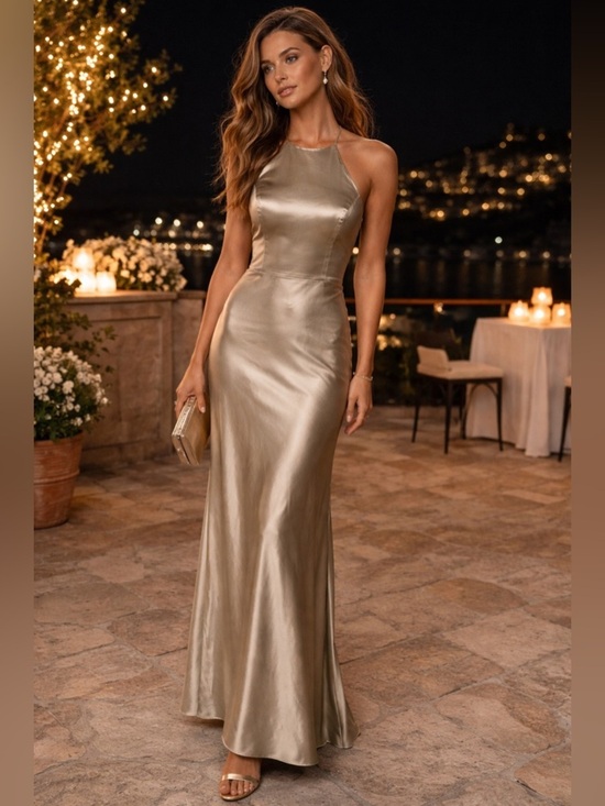 Jenny Yoo Dresses & Skirts - Jenny Yoo Silver Satin Halter Maxi Dress SZ 6 Formal Gown Elegant